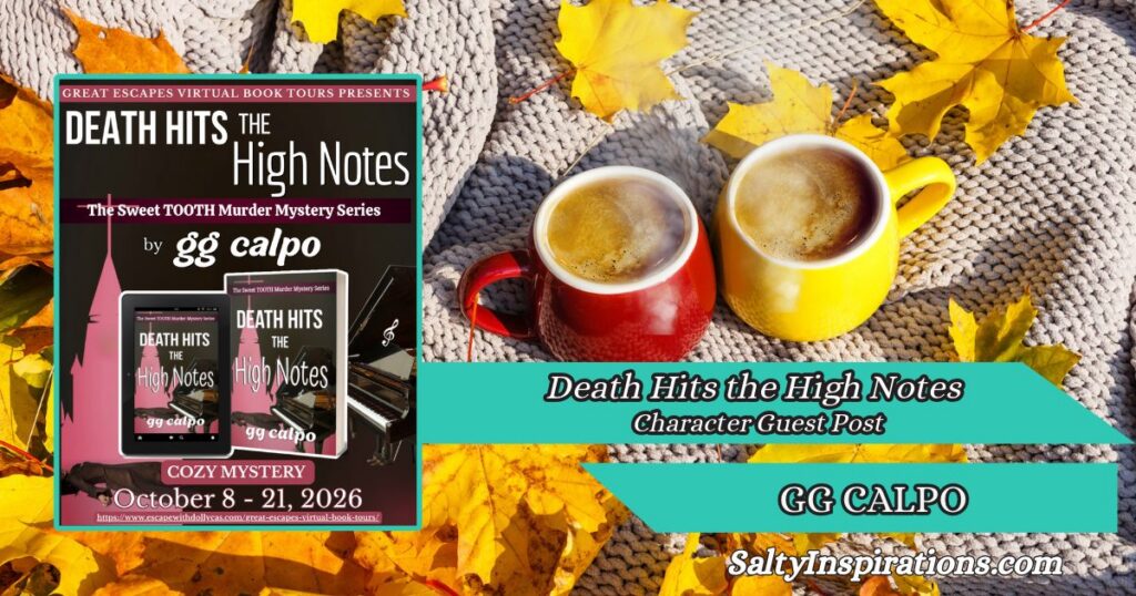 Two cups of coffee beside the book cover of Death Hits the High Notes by GG Calpo, featured on Salty Inspirations.
