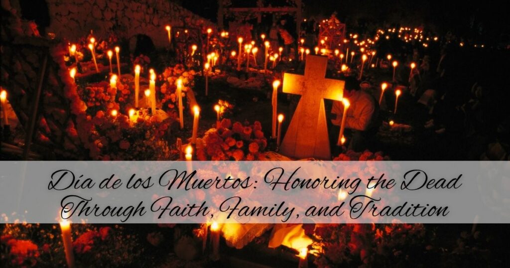 Cemetery illuminated at dusk with soft lights for Día de los Muertos remembrance