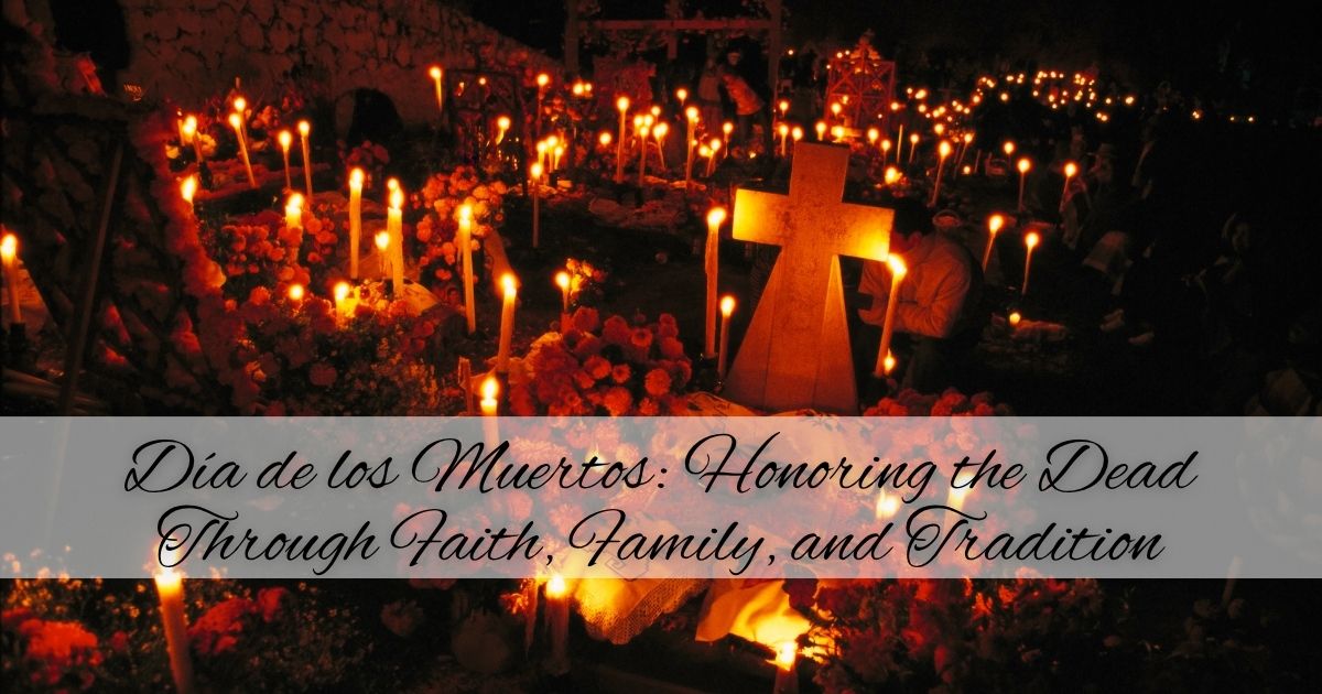 Cemetery illuminated at dusk with soft lights for Día de los Muertos remembrance