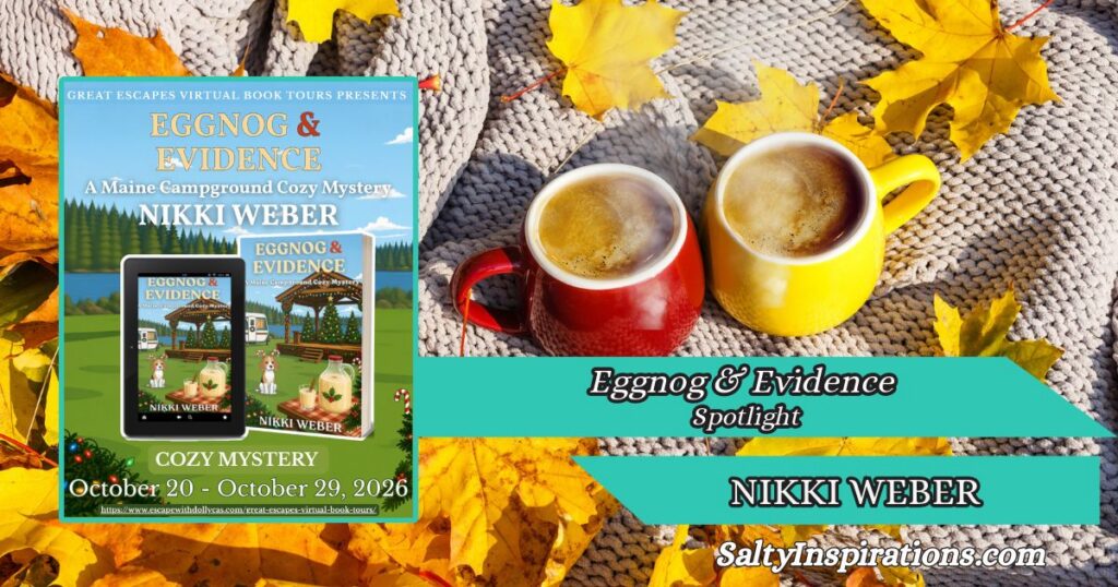 Nikki Weber’s Eggnog and Evidence book cover featured between two cups of coffee with the Salty Inspirations logo.