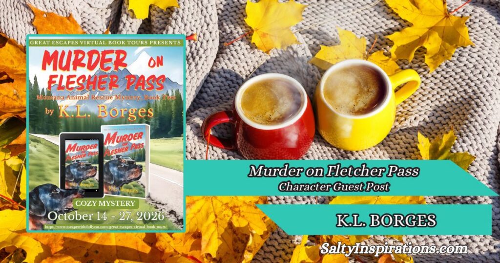 K.L. Borges and Murder of Fletcher Pass featured in a Salty Inspirations author visit with two cups of coffee and the blog logo.
