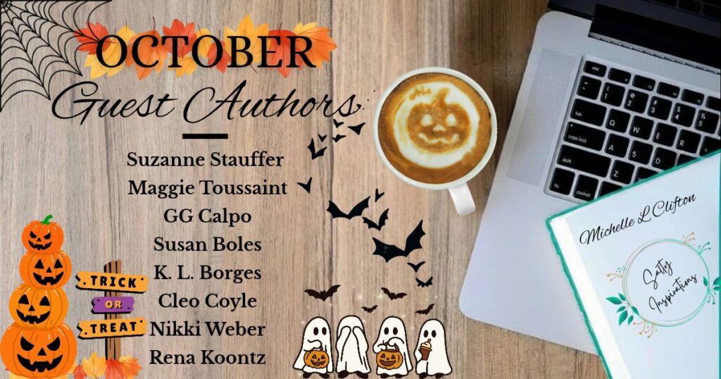 Halloween-themed Salty Inspirations graphic featuring the October visiting authors Suzanne Stauffer, Maggie Toussaint, GG Calpo, Susan Boles, K. L. Borges, Cleo Coyle, Nikki Weber, and Rena Koontz.