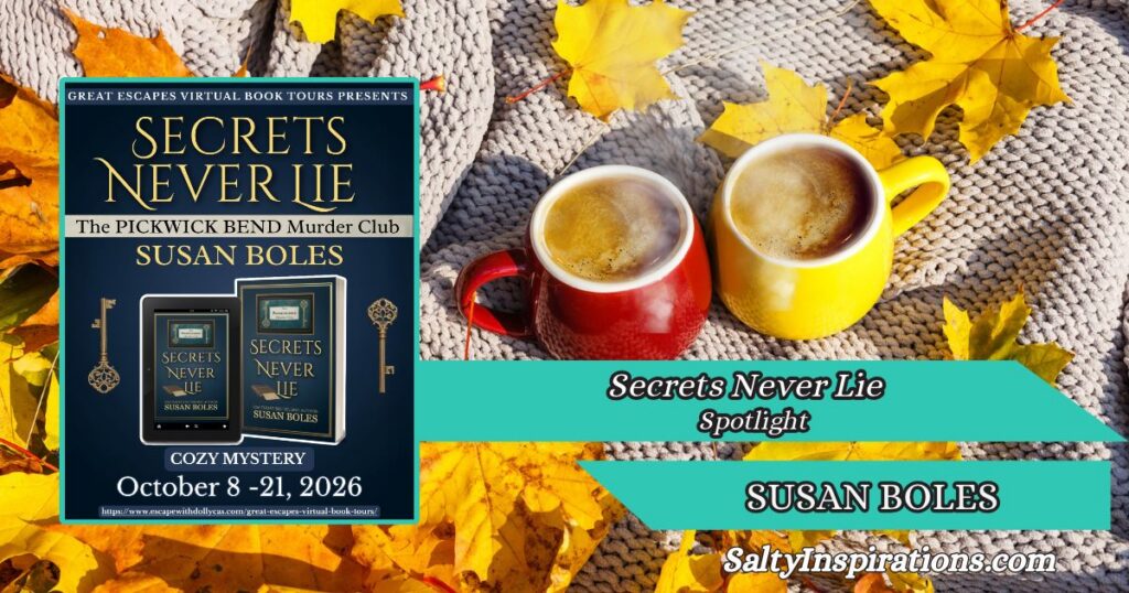 Boles spotlight for Secrets Never Lie, featuring the book cover, two cups of coffee, and the Salty Inspirations logo.