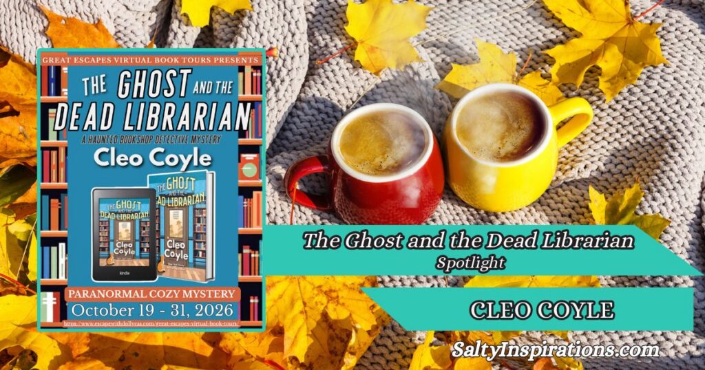 The Ghost and the Dead Librarian by Cleo Coyle featured with two cups of coffee and the Salty Inspirations logo.